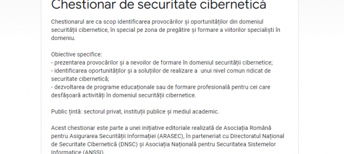 Proiect nou: ARASEC, DNSC, ANSSI – Chestionar securitate cibernetica